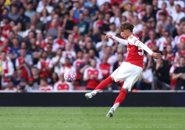 Max Robert Dowman (A) at the Arsenal v Leeds United EPL match, at the Emirates Stadium, London, UK on 23rd August, 2025. 