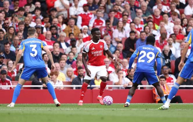 Bukayo Saka (A) at the Arsenal v Leeds United EPL match, at the Emirates Stadium, London, UK on 23rd August, 2025. 