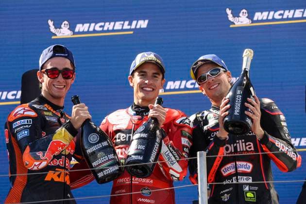 MotoGP, MichelinÂ® Grand Prix of Hungary, Marc Marquez, Pedro Acosta, Marco Bezzecchi Pedro Acosta (ESP) Red Bull KTM Factory Racing RC16,Marc Marquez (ESP) Ducati Lenovo Team Desmosedici GP25, Marco Bezzecchi (ITA) Aprilia Racing Team RS-GP 25 - during MotoGP MichelinÂ® Grand Prix of Hungary 2025 on August 24., 2025 in Balaton Park Circuit, Hungary Zsombor Toth BalatonfÅ‘kajar Balaton Park Circuit VeszprÃ m Hungary