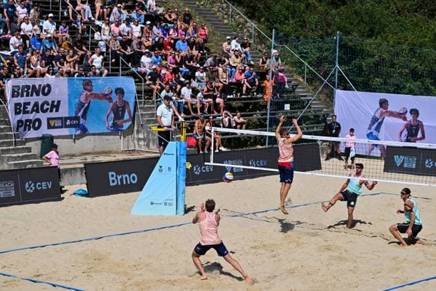 From left Jakub Sepka, Jiri Sedlak (both Czechia), Lubos Nemec, Adrian Petruf (both Slovakia) in action during the Brno Beach Pro, Beach volleyball, Beachvolleyball tournament of Futures category in Brno, Czech Republic, August 24, 2025. (CTKxPhoto VaclavxSalek) CTKPhotoP2025082402979  CTKPhotoP2025082402979