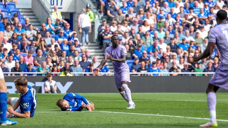 Everton v Brighton and Hove Albion Premier League 24 08 2025. Brighton & Hove Albion forward Yankuba Minteh (11) appeals for a penalty during the Premier League match between Everton and Brighton and Hove Albion at The Hill Dickinson Stadium, Liverpool, England on 24 August 2025. Editorial use only DataCo restrictions apply See www.football-dataco.com , Copyright: xSimonxDaviesx PSI-22679-0090
