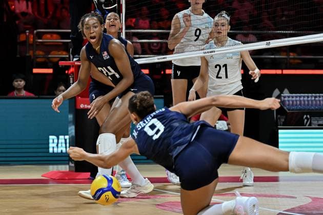 Volleyball, Frauen, WM, USA - Argentinien USA v Argentina - FIVB Women s Volleyball World Championship, WM, Weltmeisterschaft NAKHON RATCHASIMA, THAILAND - AUGUST 24: Chiaka Ogbogu (24) of USA in action during FIVB Women s Volleyball World Championship match between USA and Argentina at Korat Chatchai Hall in Nakhon Ratchasima, Thailand on August 24, 2025. Mustafa Hatipoglu Anadolu Nakhon Ratchasima Thailand. Editorial use only. Please get in touch for any other usage.  Copyright: x2025xAnadoluxMustafaxHatipoglux