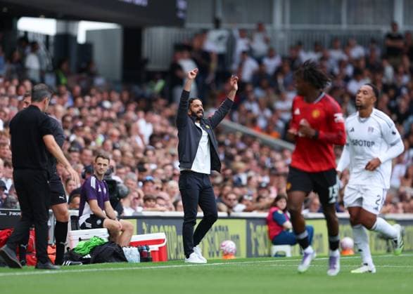 24th August 2025; Craven Cottage, Fulham, London, England; Premier League Football, Fulham versus Manchester United, ManU Manchester Untied Manager Ruben Amorim on the touchline  JohnxPatrickxFletcher
