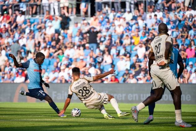 FOOTBALL : Le Havre vs Lens - Ligue 1 - 24 08 2025 Rassoul Ndiaye ( 14 - Le Havre ) and Adrien THOMASSON ( 28 - Lens ) during the Ligue 1 match between Havre AC and RC Lens at Stade Oceane on August 24, 2025 in Le Havre, France. ( Photo by Federico Pestellini PsnewZ ) - Le HavreFrance  Copyright: xFedericoxPestellinix