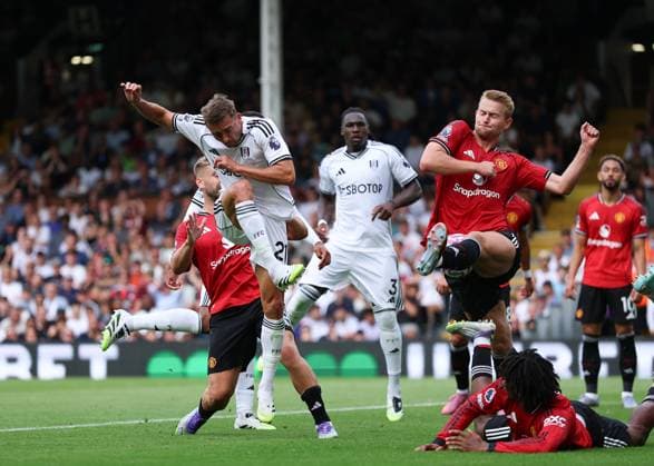 24th August 2025; Craven Cottage, Fulham, London, England; Premier League Football, Fulham versus Manchester United, ManU Timothy Castagne of Fulham shot is blocked by Matthijs de Ligt of Manchester United  JohnxPatrickxFletcher