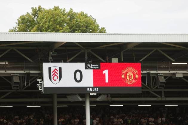 Fulham FC v Manchester United, ManU FC, English Premier League Scoreboard shows 0-1 during the Fulham FC v Manchester United FC English Premier League match at Craven Cottage, London, United Kingdom on 24 August 2025 Credit: Megan Ewens Every Second Media Editorial use only. All images are copyright Every Second Media Limited. No images may be reproduced without prior permission. All rights reserved. Premier League and Football League images are subject to licensing agreements with Football DataCo Limited. see https: www.football-dataco.com Copyright: xIMAGO EveryxSecondxMediax ESM-1562-0053 MeganxEwensx xEveryxSecondxMediax