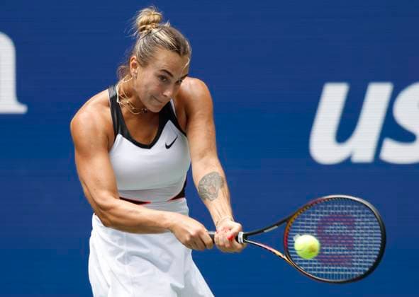 Aryna Sabalenka of Belarus competes against Rebeka Masarova of Switzerland in a first round match at the 2025 US Open Tennis Championship at the USTA Billie Jean King National Tennis Center in New York City on Sunday, August 24, 2025. Sabalenka won the match 7-5, 6-1.  NYP20250824801 JOHNxANGELILLO