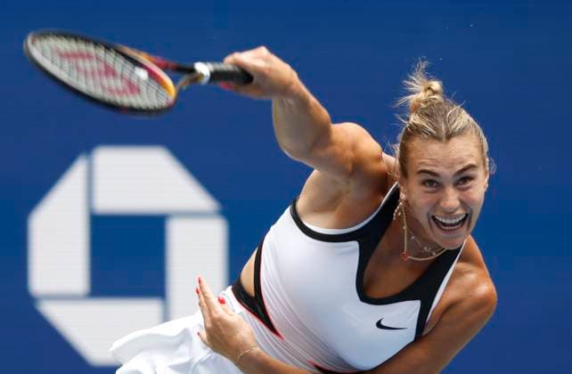 Aryna Sabalenka of Belarus competes against Rebeka Masarova of Switzerland in a first round match at the 2025 US Open Tennis Championship at the USTA Billie Jean King National Tennis Center in New York City on Sunday, August 24, 2025. Sabalenka won the match 7-5, 6-1.  NYP20250824803 JOHNxANGELILLO