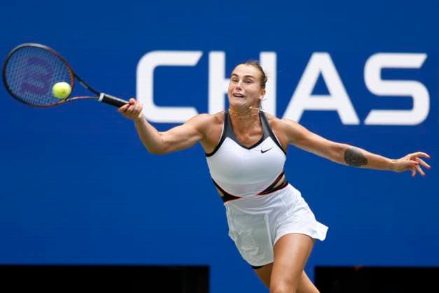 Aryna Sabalenka of Belarus competes against Rebeka Masarova of Switzerland in a first round match at the 2025 US Open Tennis Championship at the USTA Billie Jean King National Tennis Center in New York City on Sunday, August 24, 2025. Sabalenka won the match 7-5, 6-1.  NYP20250824804 JOHNxANGELILLO