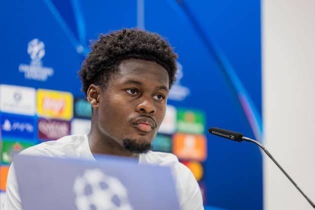 SOCCER - UEFA CL, Sturm vs Bodo KLAGENFURT,AUSTRIA,25.AUG.25 - SOCCER - UEFA Champions League, play off, SK Sturm Graz vs FK Bodo Glimt, preview, press conference, PK, Pressekonferenz Sturm. Image shows Tochi Chukwuani (Sturm).  GEPAxpictures xMatthiasxTrinkl