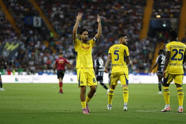 Hellas Verona s SUAT SERDAR celebrates after scoring a goal during the Italian Serie A Enilive soccer championship football match between Udinese and Hellas Verona at Bluenergy Stadium on August 25th, 2025, Udine, Italy  Copyright: xMattiaxRadoni IPAxSportx xipa-agency.netx xx IPA_63220797 IPA_Agency_IPA63220797