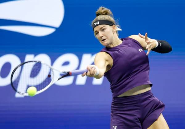 Karolina Muchova of Czech Republic returns a ball to Venus Williams in the second set in the first round of play in Arthur Ashe Stadium on day 2 at the 2025 US Open Tennis Championship at the USTA Billie Jean King National Tennis Center in New York City on Monday, August 25, 2025.  NYP20250825125 JOHNxANGELILLO