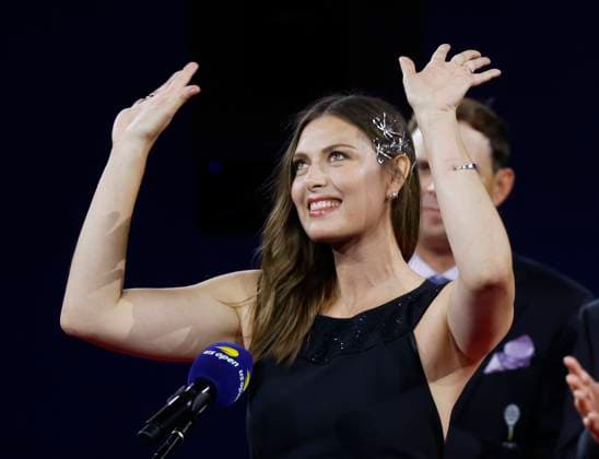 Maria Sharapova speaks before she receives her ring for her induction into the International Tennis Hall of Fame in Arthur Ashe Stadium on day 2 at the 2025 US Open Tennis Championship at the USTA Billie Jean King National Tennis Center in New York City on Monday, August 25, 2025.  NYP20250825141 JOHNxANGELILLO