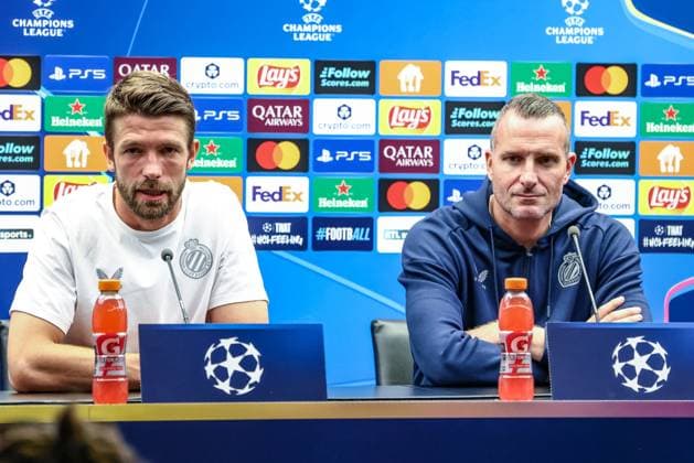 Club s Brandon Mechele and Club s head coach Nicky Hayen pictured during a press conference, PK, Pressekonferenz of belgian soccer team Club Brugge, in Brugge, on Tuesday 26 August 2025. The team will play the scottish team Glasgow Rangers on Wednesday, on the second leg of play-offs of the Champions League tournament. BRUNOxFAHY  x132448678x