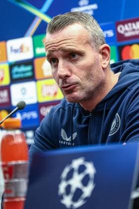 Club s head coach Nicky Hayen pictured during a press conference, PK, Pressekonferenz of belgian soccer team Club Brugge, in Brugge, on Tuesday 26 August 2025. The team will play the scottish team Glasgow Rangers on Wednesday, on the second leg of play-offs of the Champions League tournament. BRUNOxFAHY  x132449688x