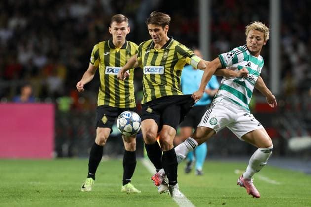 Daizen Maeda of Celtic and Aleksandr Martynovich of Kairat Almaty Kairat Almaty v Celtic, UEFA Champions League, Play-Off Round, Second Leg, Football, Almaty Central Stadium, Almaty, Kazakhstan - 26 Aug 2025Almaty Almaty Central Stadium Kazakhstan EDITORIAL USE ONLY No use with unauthorised audio, video, data, fixture lists, club league logos or live services. Online in-match use limited to 120 images, no video emulation. No use in betting, games or single club league player publications. Copyright: xNikitaxBassov Shutterstockx 15455823ae