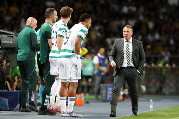Brendan Rodgers manager of Celtic talks with their players before being substituted on Kairat Almaty v Celtic, UEFA Champions League, Play-Off Round, Second Leg, Football, Almaty Central Stadium, Almaty, Kazakhstan - 26 Aug 2025Almaty Almaty Central Stadium Kazakhstan EDITORIAL USE ONLY No use with unauthorised audio, video, data, fixture lists, club league logos or live services. Online in-match use limited to 120 images, no video emulation. No use in betting, games or single club league player publications. Copyright: xNikitaxBassov Shutterstockx 15455823bp