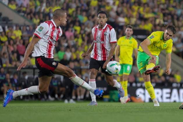Norwich City v Southampton Carabao Cup Matej Jurasek of Norwich has a shot on goal during the Carabao Cup Second Round match at Carrow Road, Norwich UK Newspapers OUT Copyright: xPaulxChestertonx FIL-22146-0032