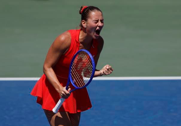Marta Kostyuk of Ukraine celebrates after match point in her first round match match against Katie Boulter of United Kingdom in the Grandstand court on day 3 at the 2025 US Open Tennis Championship at the USTA Billie Jean King National Tennis Center in New York City on Tuesday, August 26, 2025. Kostyuk defeated Boulter in straight sets.  NYP20250826106 JOHNxANGELILLO
