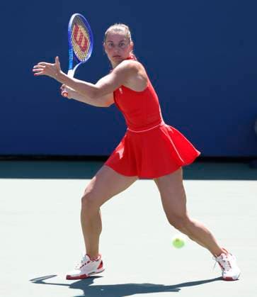 Marta Kostyuk of Ukraine returns a ball to Katie.Boulter of United Kingdom in the second set of their first round match in the Grandstand court on day 3 at the 2025 US Open Tennis Championship at the USTA Billie Jean King National Tennis Center in New York City on Tuesday, August 26, 2025. Kostyuk defeated Boulter in straight sets.  NYP20250826113 JOHNxANGELILLO