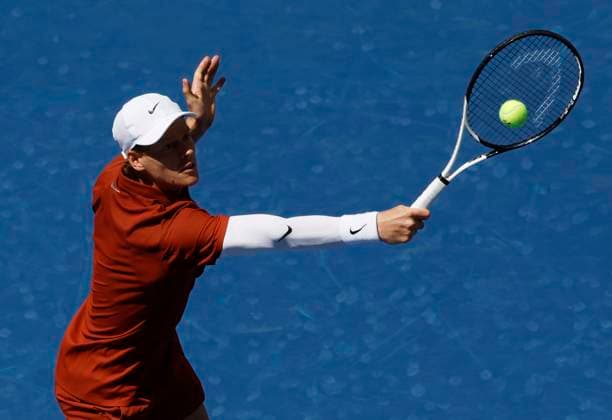 Jannik Sinner of Italy returns a ball to Vit Kopriva of Czechia in the 2nd set of their first round match in Arthur Ashe Stadium on day 3 at the 2025 US Open Tennis Championship at the USTA Billie Jean King National Tennis Center in New York City on Tuesday, August 26, 2025.  NYP20250826125 JOHNxANGELILLO