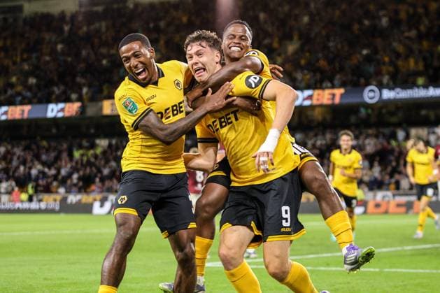 Celebration as Jorgen Strand Larsen (9 Wolves) puts Wolves ahead during the Carabao Cup football match between Wolverhampton Wanderers and West Ham United at Molineux stadium in Wolverhampton, England Copyright: xNataliexMincher SPPx Sportspressphoto_SPR16882