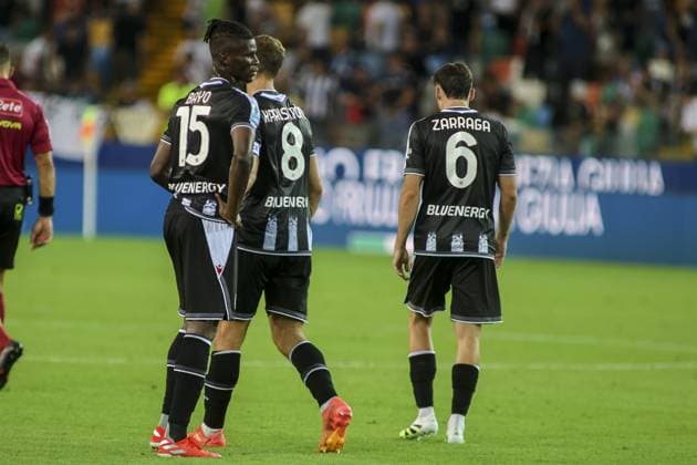 Vakoun Issouf Bayo of Udinese FC, Jesper Karlstrom of Udinese FC, Oier Zarraga Egana Zarraga of Udinese FC expresses disappointment at the end of Udinese Calcio FC vs Hellas Verona FC, 1Â° Serie A Enilive 2025-26 game at Bluenergy stadium in Udine (UD), Italy, on August 25, 2025.  Copyright: xDavidexCasentini IPAxSportx xipa-agency.netx xx IPA_63325813 IPA_Agency_IPA63325813