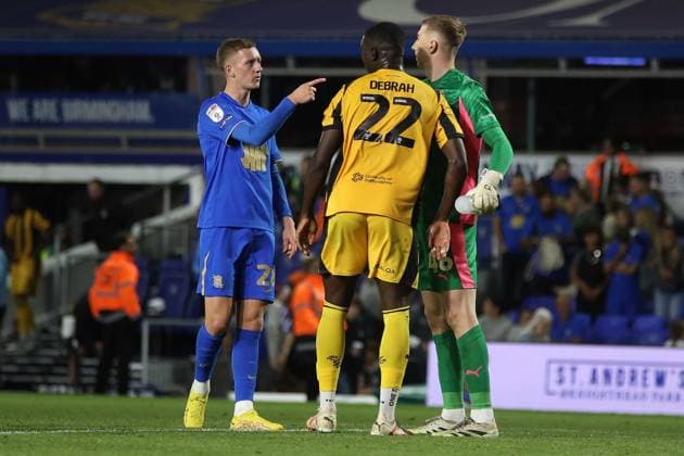 Birmingham City v Port Vale EFL Cup 26 08 2025. Birmingham City Jay Stansfield Port Vale Joe Gauci Port Vale Jesse Debrah AT THE END OF THE GAME during the EFL Cup match between Birmingham City and Port Vale at the St Andrew s @ Knighthead Park, Birmingham, England on 26 August 2025. Birmingham St Andrew s @ Knighthead Park West Midlands England Editorial use only DataCo restrictions apply See www.football-dataco.com , Copyright: xAndyxShawx PSI-22698-0026