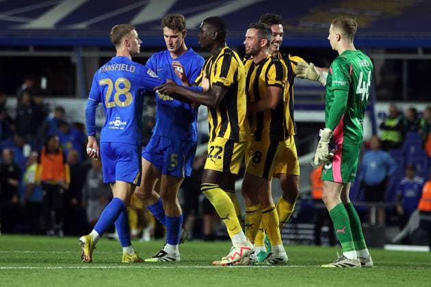 Birmingham City v Port Vale EFL Cup 26 08 2025. Birmingham City Jay Stansfield Port Vale Joe Gauci Port Vale Jesse Debrah AT THE END OF THE GAME during the EFL Cup match between Birmingham City and Port Vale at the St Andrew s @ Knighthead Park, Birmingham, England on 26 August 2025. Birmingham St Andrew s @ Knighthead Park West Midlands England Editorial use only DataCo restrictions apply See www.football-dataco.com , Copyright: xAndyxShawx PSI-22698-0027