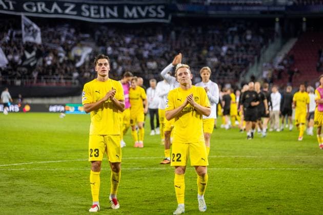 STURM GRAZ vs BODO GLIMT Anders Klynge, Magnus Riisnaes of Bodo celebrates during second leg of play off round of UEFA Champions League football match between SK Sturm Graz and FK Bodo Glimt. Worthersee Stadion, Klagenfurt, Austria, August 26, 2025. Photo by Branislav Racko Copyright: xx 080A8540