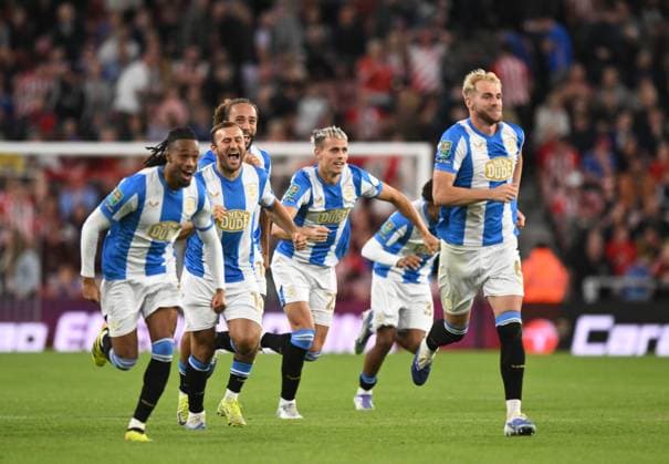 Huddersfield Town celebrate winning the penalty shoot out Sunderland v Huddersfield Town, EFL Carabao Cup, Second Round, Football, Stadium of Light, Sunderland, UK - 26 Aug 2025Sunderland Stadium of Light United Kingdom EDITORIAL USE ONLY No use with unauthorised audio, video, data, fixture lists, club league logos or live services. Online in-match use limited to 120 images, no video emulation. No use in betting, games or single club league player publications.  Copyright: xRichardxLee Shutterstockx 15455838at
