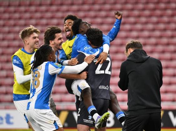 Huddersfield Town celebrate winning the penalty shoot out Sunderland v Huddersfield Town, EFL Carabao Cup, Second Round, Football, Stadium of Light, Sunderland, UK - 26 Aug 2025Sunderland Stadium of Light United Kingdom EDITORIAL USE ONLY No use with unauthorised audio, video, data, fixture lists, club league logos or live services. Online in-match use limited to 120 images, no video emulation. No use in betting, games or single club league player publications.  Copyright: xRichardxLee Shutterstockx 15455838az