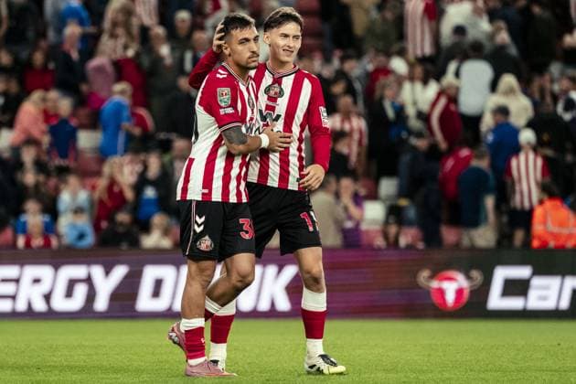 SUNDERLAND, ENGLAND - AUG 26: Milan Aleksi? of Sunderland consoled by Chris Rigg of Sunderland after missing his penalty during shoot-out of the Carabao Cup 2024 25 League match between Sunderland and Huddersfield Town at Stadium of Light on August 26th 2025 in Sunderland, England. Copyright: xRichardxCallis SPPx Sportspressphoto_SPR16933