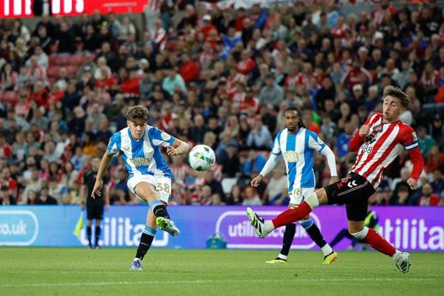 26th August 2025; Stadium of Light, Sunderland, England; EFL Carabao Cup Football, Sunderland versus Huddersfield Town; Daniel Vost of Huddersfield Town shoots at goal Editorial use only: DataCo restrictions apply See www.football-dataco.com  CraigxCowan