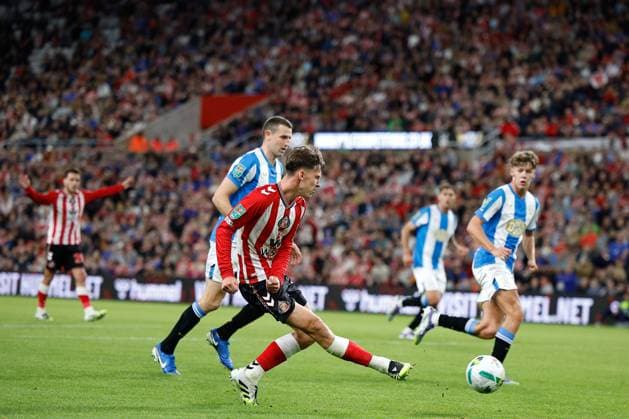 26th August 2025; Stadium of Light, Sunderland, England; EFL Carabao Cup Football, Sunderland versus Huddersfield Town; Chris Rigg of Sunderland shoots at goal Editorial use only: DataCo restrictions apply See www.football-dataco.com  CraigxCowan