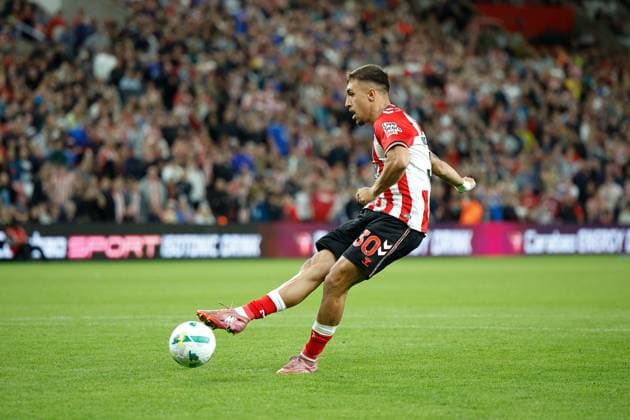 26th August 2025; Stadium of Light, Sunderland, England; EFL Carabao Cup Football, Sunderland versus Huddersfield Town; Milan Aleksic of Sunderland shoots but his penalty is saved by Lee Nicholls of Huddersfield Town Editorial use only: DataCo restrictions apply See www.football-dataco.com  CraigxCowan