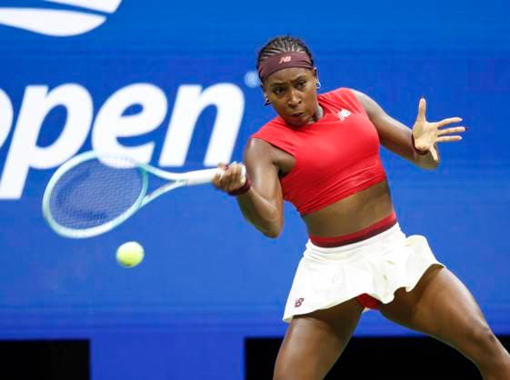 Coco Gauff hits a forehand in the second of her first round match against Ajla Tomljanovic of Australia in Arthur Ashe Stadium on day 3 at the 2025 US Open Tennis Championship at the USTA Billie Jean King National Tennis Center in New York City on Tuesday, August 26, 2025.  NYP20250826161 JOHNxANGELILLO