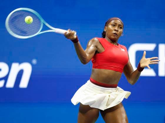 Coco Gauff hits a forehand in the second of her first round match against Ajla Tomljanovic of Australia in Arthur Ashe Stadium on day 3 at the 2025 US Open Tennis Championship at the USTA Billie Jean King National Tennis Center in New York City on Tuesday, August 26, 2025.  NYP20250826163 JOHNxANGELILLO