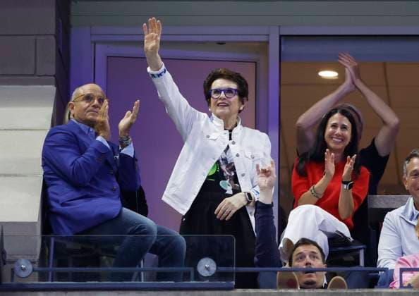 Hall of fame tennis legend Billie Jean King reacts when she appears on the big screen when Coco Gauff plays Ajla Tomljanovic of Australia in the first round in Arthur Ashe Stadium on day 3 at the 2025 US Open Tennis Championship at the USTA Billie Jean King National Tennis Center in New York City on Tuesday, August 26, 2025.  NYP20250826164 JOHNxANGELILLO