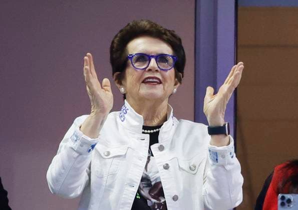Hall of fame tennis legend Billie Jean King reacts when she appears on the big screen when Coco Gauff plays Ajla Tomljanovic of Australia in the first round in Arthur Ashe Stadium on day 3 at the 2025 US Open Tennis Championship at the USTA Billie Jean King National Tennis Center in New York City on Tuesday, August 26, 2025.  NYP20250826165 JOHNxANGELILLO