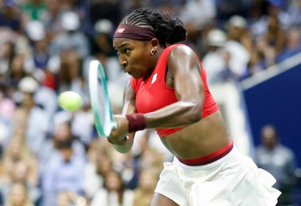 Coco Gauff celebrates returns a ball in the second of her first round match against Ajla Tomljanovic of Australia in Arthur Ashe Stadium on day 3 at the 2025 US Open Tennis Championship at the USTA Billie Jean King National Tennis Center in New York City on Tuesday, August 26, 2025.  NYP20250826166 JOHNxANGELILLO