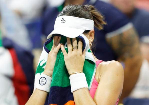 Ajla Tomljanovic of Australia puts a towel on her face during a change over in the second set of her first round match against Coco Gauff in Arthur Ashe Stadium on day 3 at the 2025 US Open Tennis Championship at the USTA Billie Jean King National Tennis Center in New York City on Tuesday, August 26, 2025.  NYP20250826158 JOHNxANGELILLO