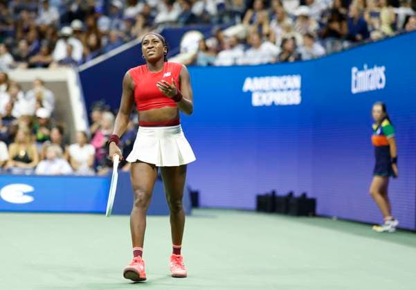 Coco Gauff reacts after losing a point in the second of her first round match agains Ajla Tomljanovic of Australia in Arthur Ashe Stadium on day 3 at the 2025 US Open Tennis Championship at the USTA Billie Jean King National Tennis Center in New York City on Tuesday, August 26, 2025.  NYP20250826168 JOHNxANGELILLO