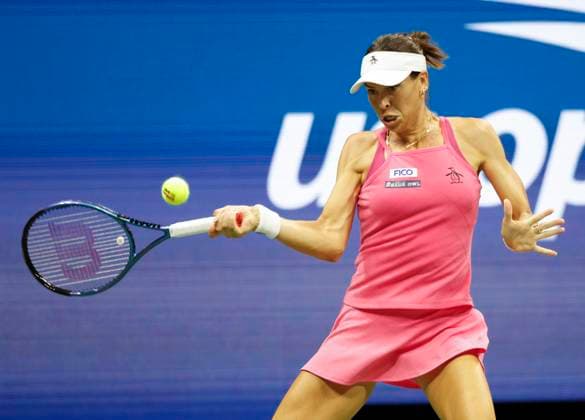 Ajla Tomljanovic of Australia returns a ball to Coco Gauff in their first round match in Arthur Ashe Stadium on day 3 at the 2025 US Open Tennis Championship at the USTA Billie Jean King National Tennis Center in New York City on Tuesday, August 26, 2025.  NYP20250826159 JOHNxANGELILLO