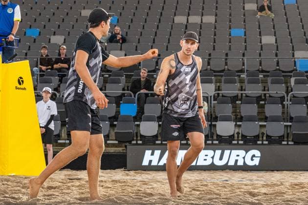 RECORD DATE NOT STATED Beach Pro Tour - Elite 16 Hamburg, 27.08.2025 Sven Winter (Player No. 2, GER), Lukas Pfretzschner L. (Player No. 1; Beach Pro Tour - Elite 16 Hamburg am 27.08.2025 Copyright: xBEAUTIFULxSPORTS PeterxWeberx