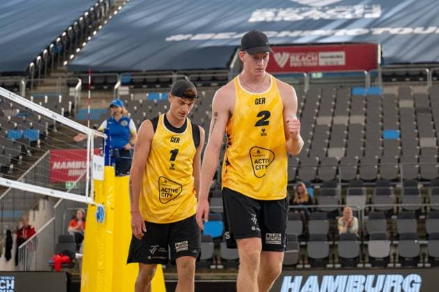 RECORD DATE NOT STATED Beach Pro Tour - Elite 16 Hamburg, 27.08.2025 Philipp Huster (Player No. 2, GER), Maximilian Just (Player No. 1; Beach Pro Tour - Elite 16 Hamburg am 27.08.2025 Copyright: xBEAUTIFULxSPORTS PeterxWeberx