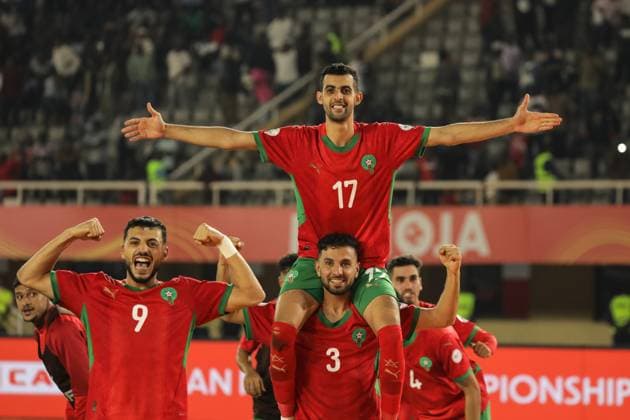 (250827) -- KAMPALA, Aug. 27, 2025 -- Players of Morocco celebrate after defeating Senegal in penalty shoots of the semifinal match between Senegal and Morocco at the African Nations Championship (CHAN) 2024 at Mandela National Stadium in Kampala, capital of Uganda, on Aug. 26, 2025. (Photo by Xinhua) (SP)UGANDA-KAMPALA-CHAN 2024-SEMIFINALS-MOROCCO VS SENEGAL HajarahxNalwadda 