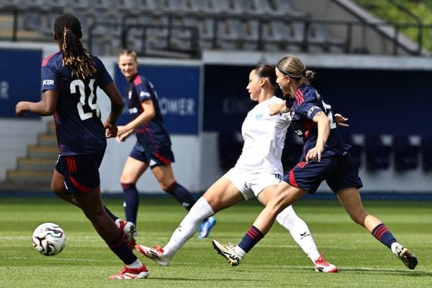 250827 UWCL ROSENGARD VS LJUBOTEN Eva Velichkova (14) of ZFK Ljuboten and Anastasiya Pobegaylo (23) of FC Rosengard pictured during women™s soccer match between FC Rosengard (SWE) and ZFK Ljuboten (MKD), group 3, second qualifying round of Women™s Champions League 2025-2026 on Wednesday 27 August 2025 in Leuven, Belgium. PHOTO SPORTPIX SEVIL OKTEM LEUVEN DEN DREEF VLAAMS BRABANT BELGIUM  Copyright: xSportpix.bex xSevilxOktemxSevilxOktemx