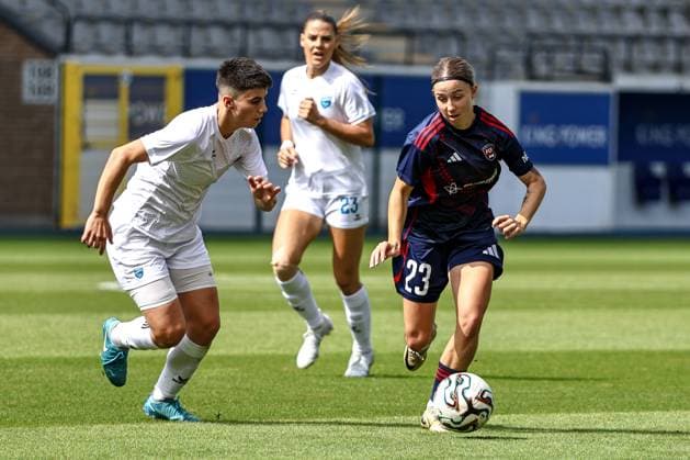 250827 UWCL ROSENGARD VS LJUBOTEN Hava Mustafa (99) of ZFK Ljuboten and Anastasiya Pobegaylo (23) of FC Rosengard pictured during women™s soccer match between FC Rosengard (SWE) and ZFK Ljuboten (MKD), group 3, second qualifying round of Women™s Champions League 2025-2026 on Wednesday 27 August 2025 in Leuven, Belgium. PHOTO SPORTPIX SEVIL OKTEM LEUVEN DEN DREEF VLAAMS BRABANT BELGIUM  Copyright: xSportpix.bex xSevilxOktemxSevilxOktemx