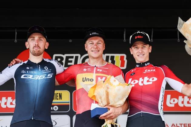 Muur Classic Geraadsbergen 2025 Cycling Race GERAARDSBERGEN, BELGIUM - AUGUST 27 : Donovan Mark (AUS) AUS of Q36.5 Pro Cycling Team, Berckmoes Jenno (BEL) of Lotto Cycling Team, Abrahamsen Jonas (NOR) of Uno-X Mobility on the podium during the 3th edition of Muur Classic Geraardsbergen an UCI Europe Tour 1.1 one day cycling road race for Men Elite of 177.8 km with start in Geraardsbergen and finish in Geraardsbergen on August 27, 2025 in Geraardsbergen, Belgium, 27 08 2025 - GERAARDSBERGEN Belgium  Copyright: xTvwx